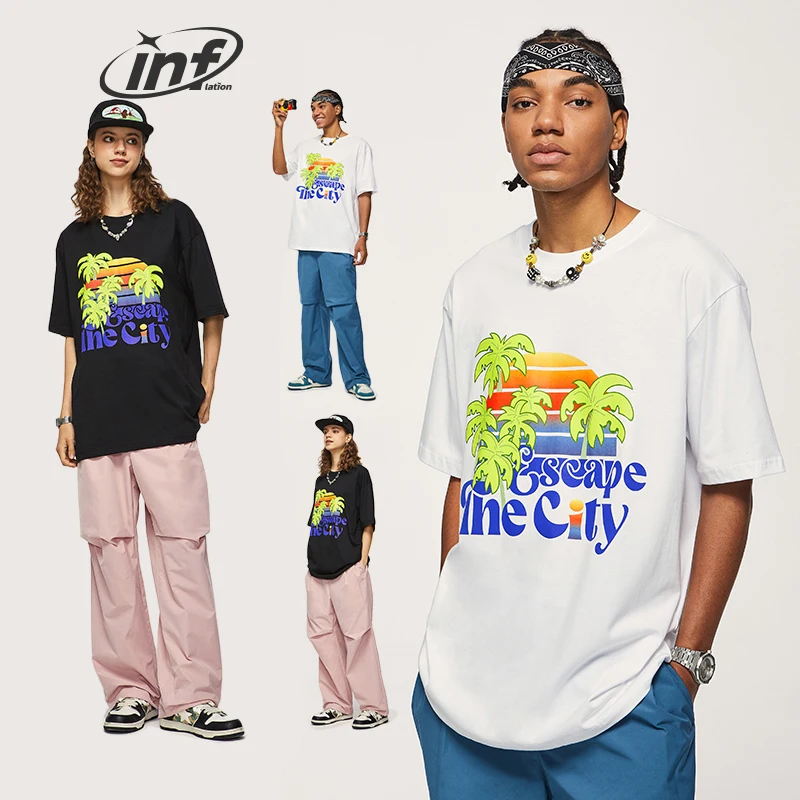 

Летние хлопковые футболки унисекс с короткими рукавами и принтом в виде пейзажа INFLATION 220Gsm