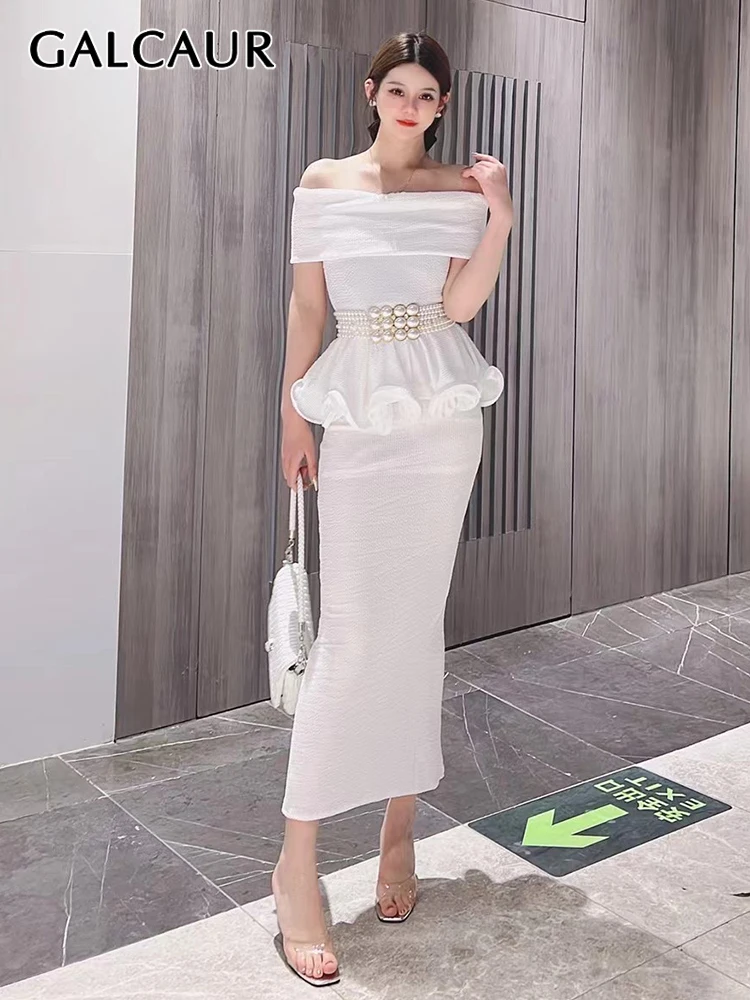 

GALCAUR Patchwork Ruffle Trim Dress For Women Slash Neck Short Sleeve High Waist Ruched Solid Knitting Dresses Female Clothing