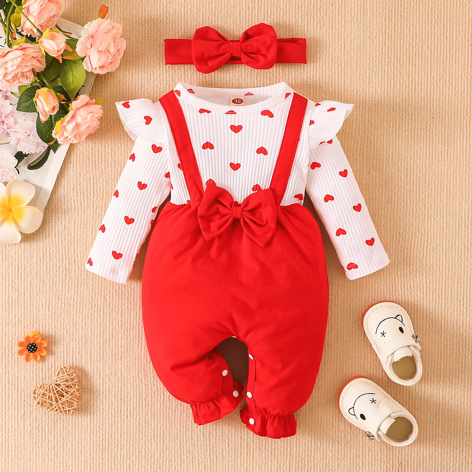 

Valentine's Day Infant Girls Romper Heart Print Ribbed Splice Long Fly Sleeve Crew Neck Baby Jumpsuits with Bow Headband