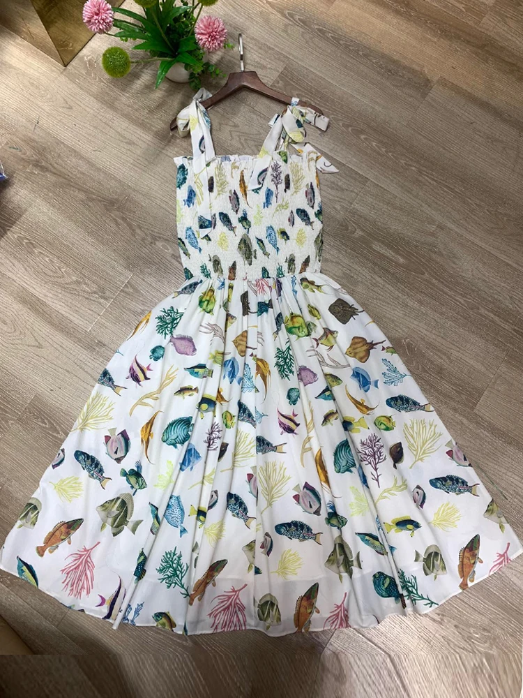 

Fish Printed Elastic Chest Women Ball Gown Dress White Color Elegant Party Vacation Camisole Long Dresses Clothes