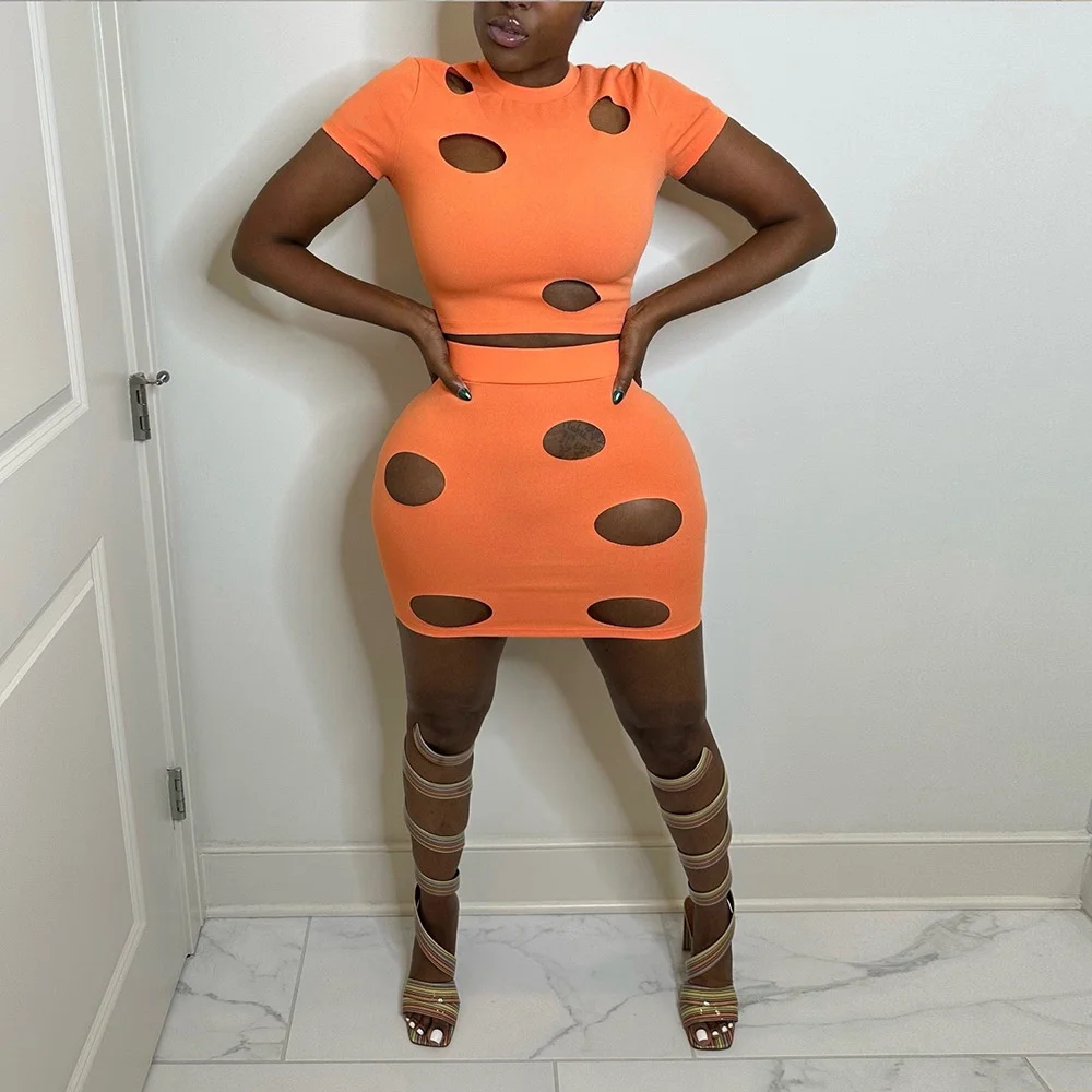 

Summer Slim Cut Hole Two Pieces Set Exposed Navel Crop Top And Mini Skirt Set Solid Short Sleeve Bandage Bodycon Women Suit