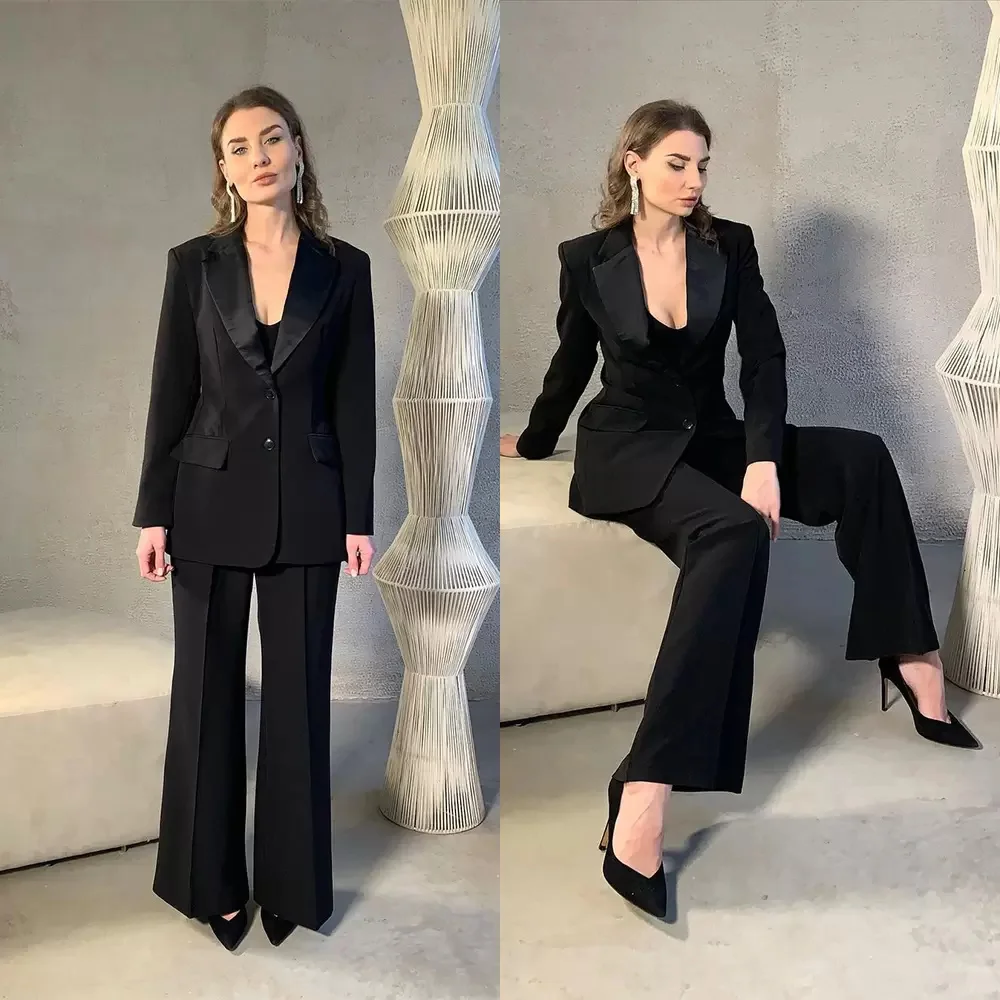 Cool Black Women Suits For Wedding Mother of the Bride Blazer Wide Leg Set Evening Party Tuxedos Street Wear 2 Pieces