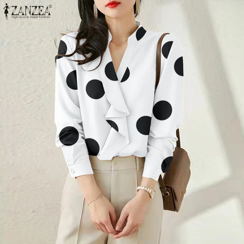 

ZANZEA Women Polka Dots Shirt Spring Blouse Vintage V Neck Long Sleeve Tops Casual Work Office OL Blusas Chemise Tunic Oversized