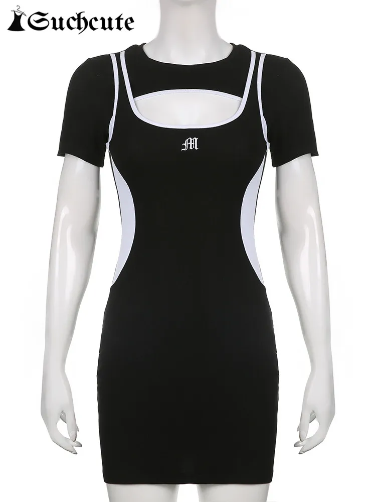 

SUCHCUTE Korean Fashion Patchwork Mini Dress Women Vintage Sexy Hollow Out Dresses Grunge Fairycore Streetwear Gothic Outfits