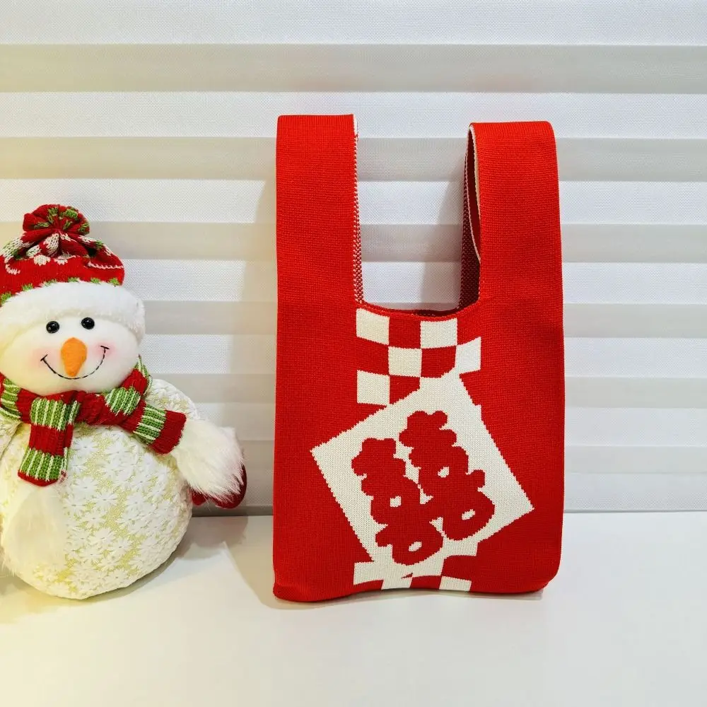 

Red Knit Handbag Handmade High-capacity Knit Knot Wrist Bag Tote Bag Student