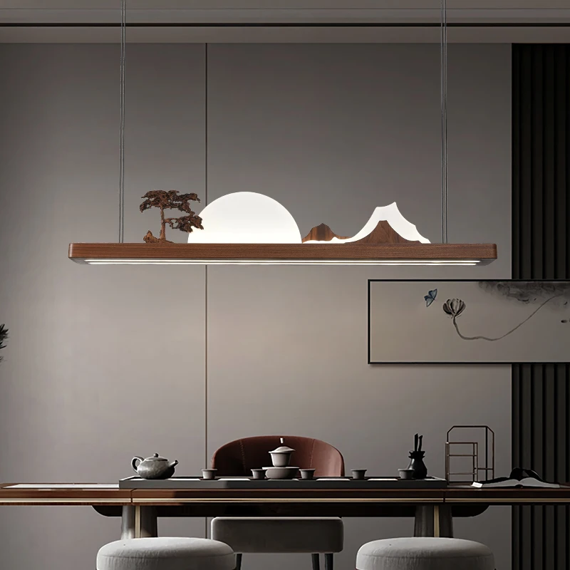 

New Chinese Restaurant Chandelier LED Light Solid Wood Strip Light Black Walnut Wood Table Tea Room Study Office Lamps