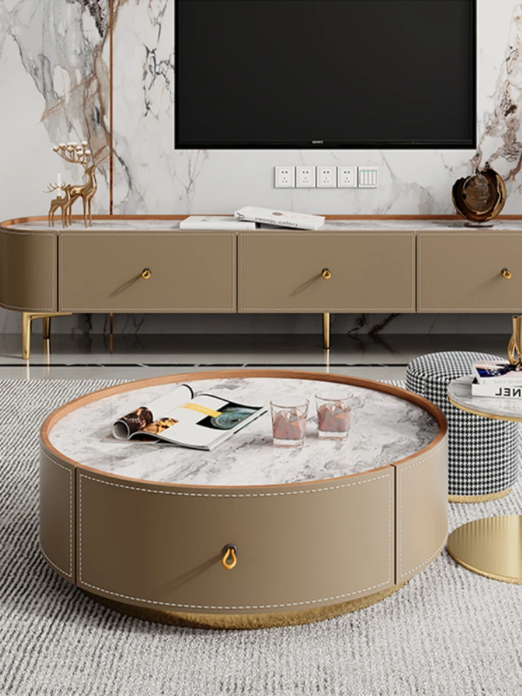 

High quality luxury saddle leather TV cabinet tea table combination modern simple small living room with several round lockers