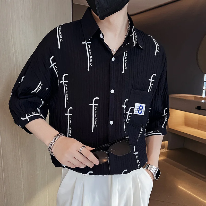 Fashion Letter Print Shirts for Men 2022 Summer Half Sleeve Loose Casual Shirt Korean Streetwear Social Oversized Men Clothing