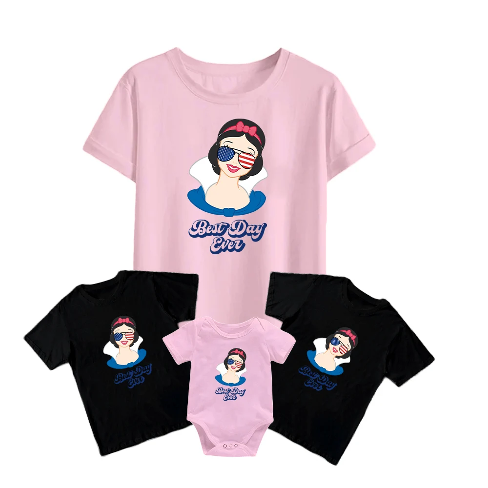 

Disney Snow White With American Flag Sunglasses Kids Short Sleeve Baby Girl Boy Baby Romper Family Matching Adult Unisex Tops