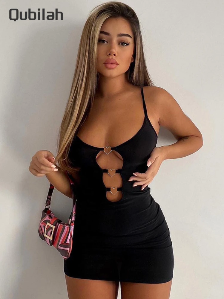 

Black Slip Dress Woman Hollow Out Mini Bodycon Dress Spaghetti Strap Solid Sleeveless Backless Summer Dresses Women Y2k Clothes