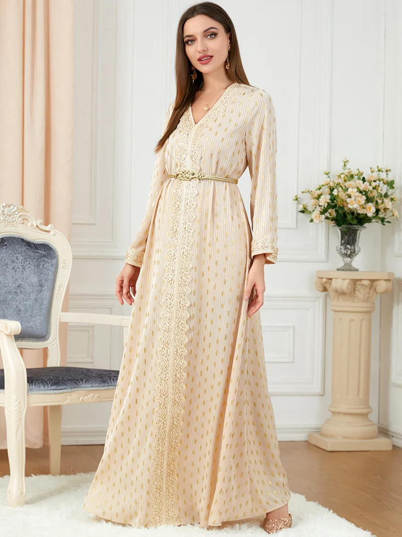 Caftan Marocain Embroidery Tape Trim Belted V-Neck Long Sleeve Evening Dress Women Long Dubai Bronzing Dot Abaya Ramadan New
