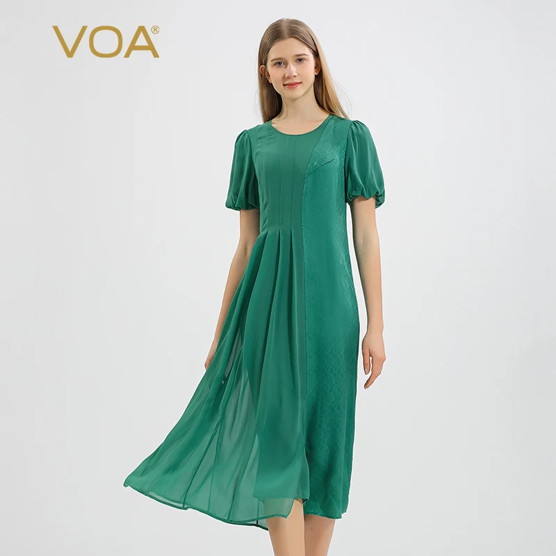 

VOA Jacquard Silk Turquoise O-Neck Lantern Short Sleeve Asymmetric Design Stitching Georgette Silk Dress Summer 2022 New AE1371