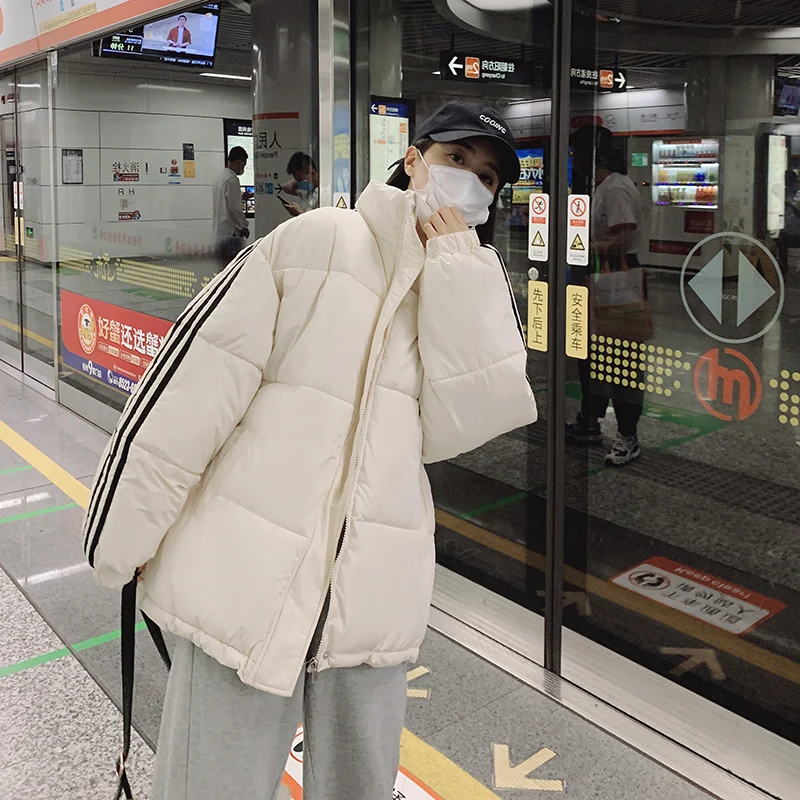 Three Bars Down Cotton Coat Women's 2022 Winter Thickened Warm Stand Collar Versatile Loose Student Cotton Coat Bread Coat