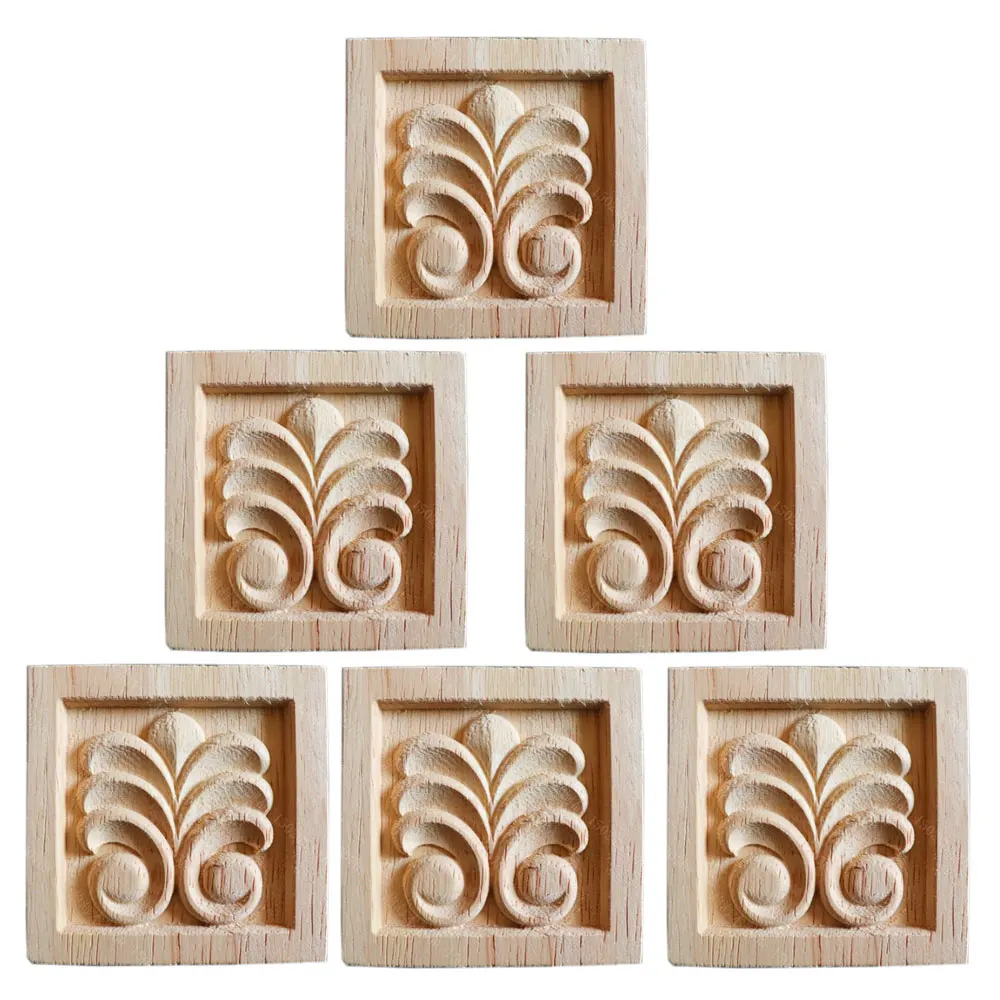 

6PCS Wood Applique Decal Figurines Wooden Carved Decor Unpainted Corner Square Flower Furniture Doors Home Decor Accessories