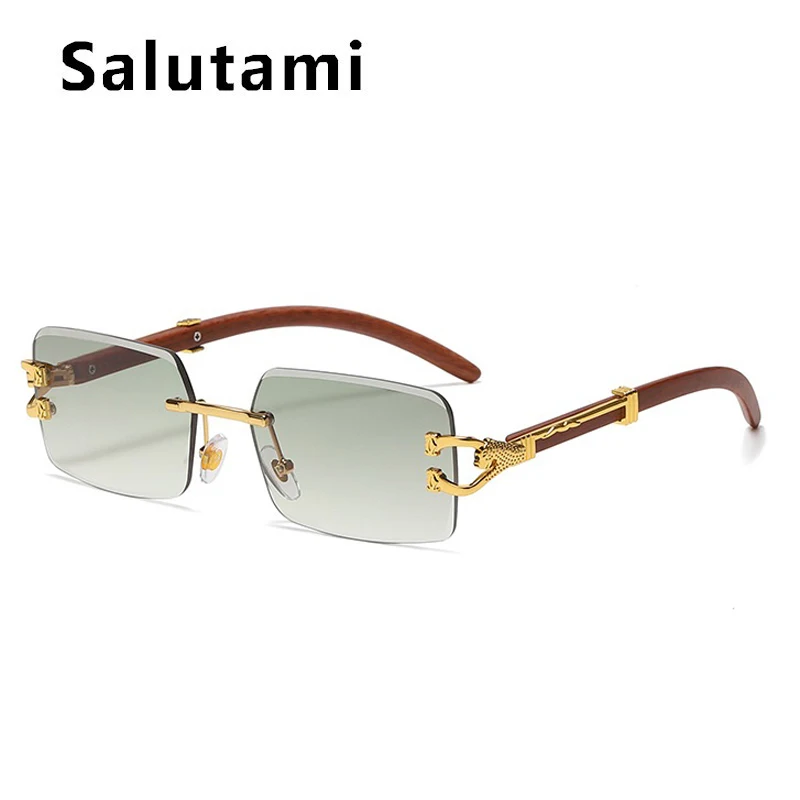 

Diamond Cutting Rimless Leopard Leg Square Sunglasses For Men New Brand Imitation Wood Sun Glasses Women Gradient Small Shades