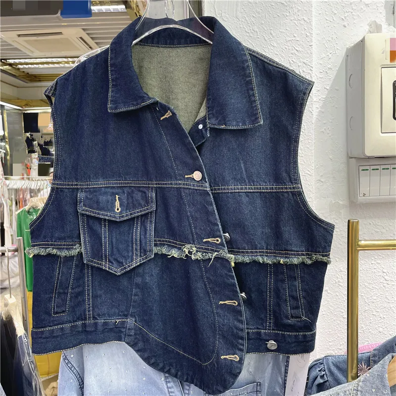 

Irregular Single-breasted Frayed Burrs Patchwork Denim Vest Single Pocket Sleeveless Short Cowboy Waistcoat Dark Blue Light Blue