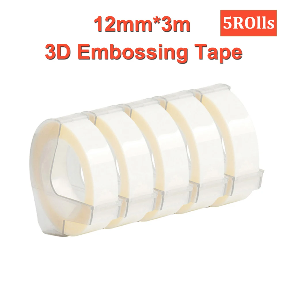 5Rolls White Color 12mm X 3m PVC Writer Refill Tape for Embossing Label Maker MOTEX & DYMO Label Printer Machine E-5500 / TW-550
