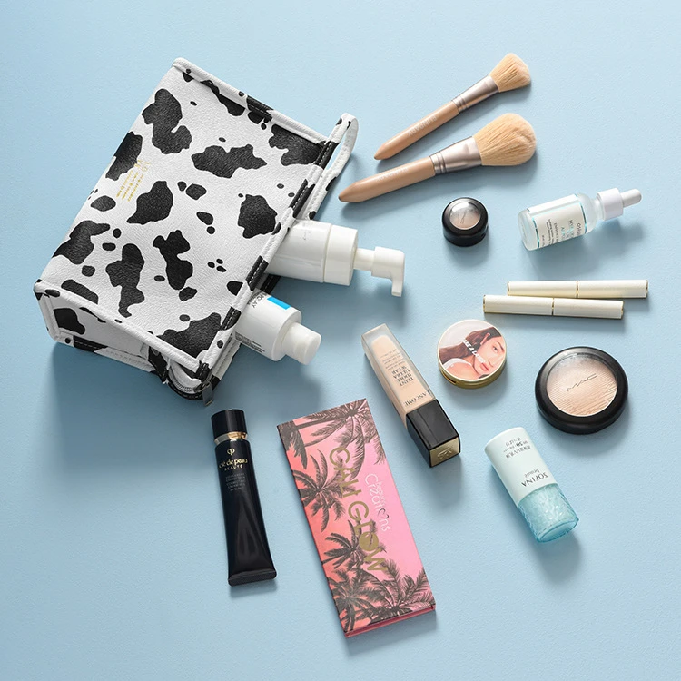 

PU Cow Print Cosmetic Bag Waterproof Portable Zipper Travel Cosmetic Bags Handbags 3 Sizes Wash Storage Make Up