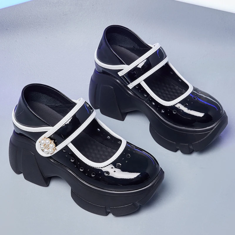 8.5cm Chunky Sneakers Genuine Leather Slides Summer Ankle Loafers Hollow Women Platform Sandals Wedge Breathable Female Shoes