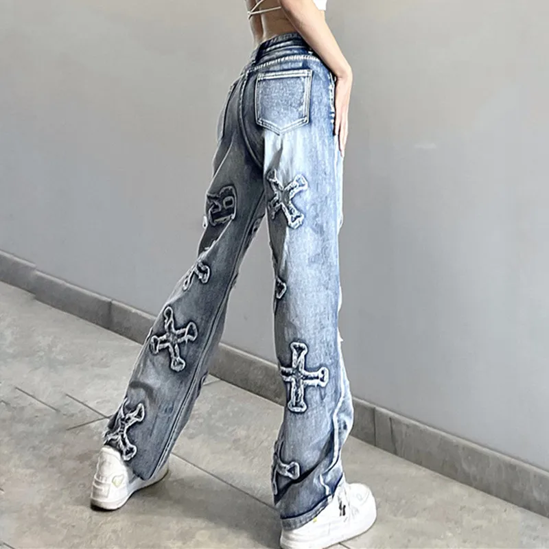 Light Blue Letter Patch Embroidered Straight Jeans Women Ins High Waist Wide Leg Jean Pant Vintage Casual Pockets Denim Pants