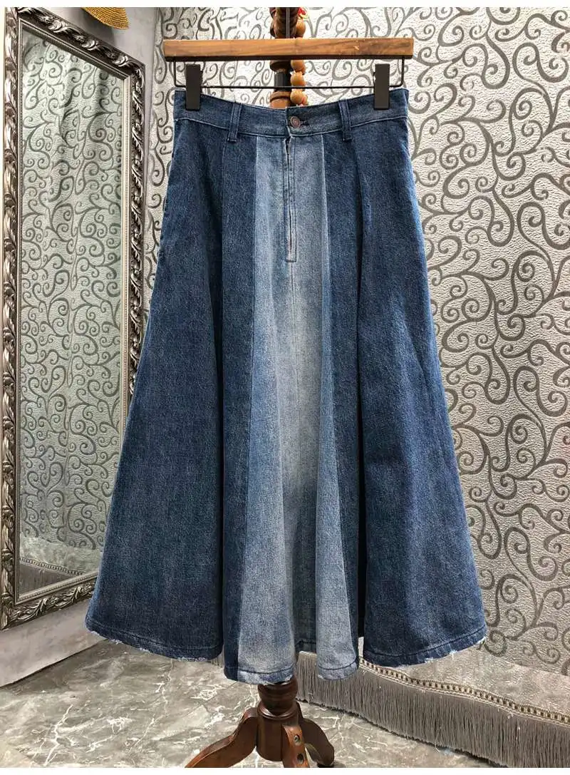 2022 Autumn Winter Fashion Long Skirts High Quality Denim Women Color Block Patchwork Mid-Calf Length A-Line Casual Jeans Skirt