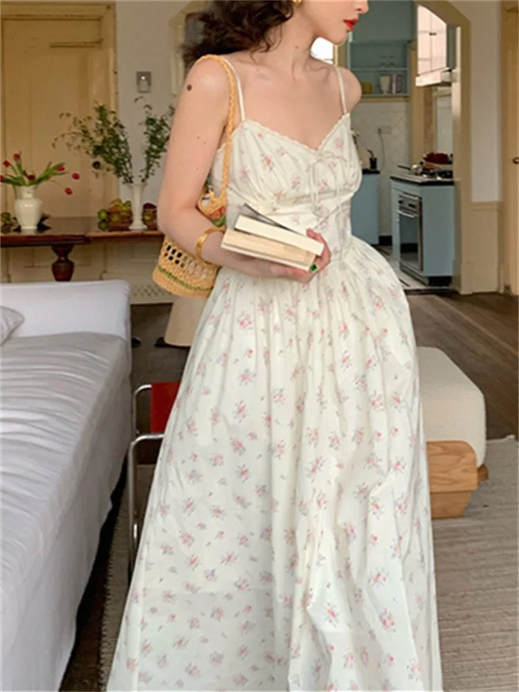 

French Floral Print Dress for Women Summer New fashion Elegant Sleeveless Backless Casual Camis Midi Dresses Vintage A LineDress