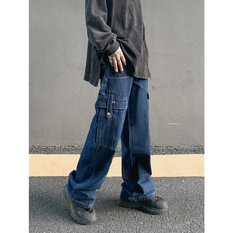 Streetwear Men Vintage Loose Blue Jeans 2022 Autumn New Pattern Fashion Multiple Pockets Straight Cylinder Cargo Pants Female