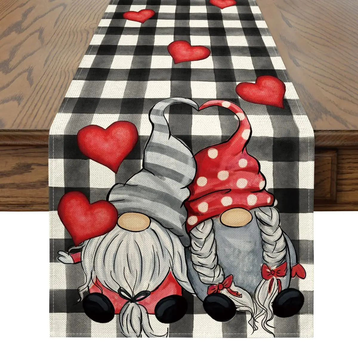 

Watercolor Buffalo Plaid Hearts Gnomes Love Valentine's Day Table Runner, Anniversary Wedding Holiday Kitchen Dining Table Decor