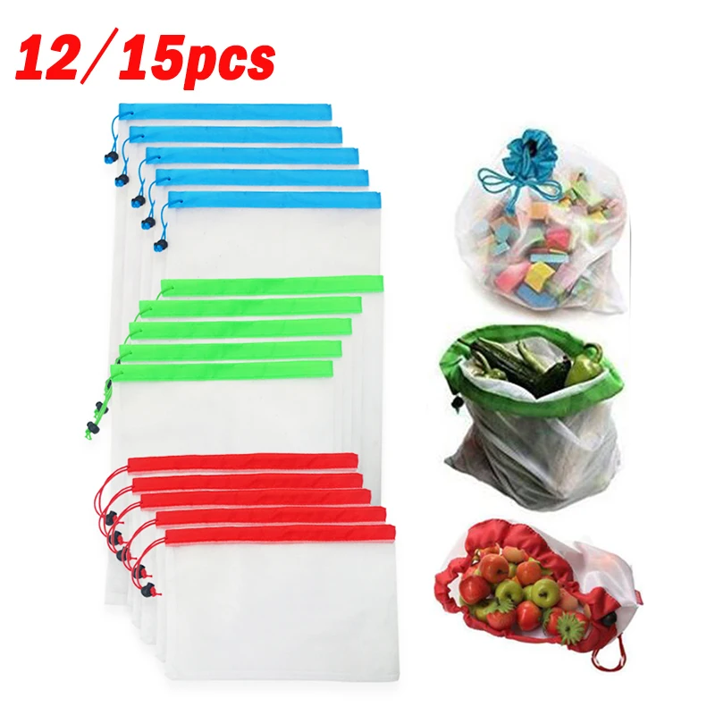 

12/15pcs Reusable Mesh Produce Bags Washable Eco Friendly Bags for Grocery Shopping Storage Fruit Vegetable Toys Sundries Bag