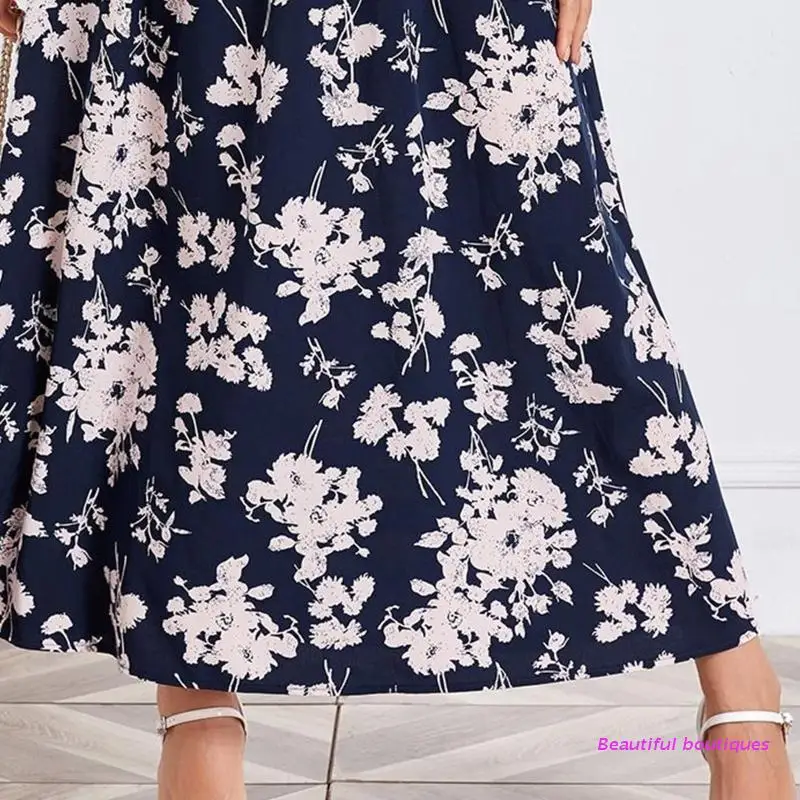 

Women Autumn Long Sleeve Retro Floral Print Elastic High Waist Flowy Maxi Dress U4LF