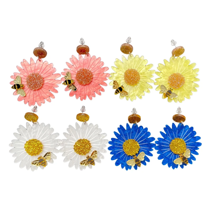 

Donarsei Cute Bee Sunflower Earrings For Women Aesthetic Honeybee Daisy Flower Acrylic Drop Earrings Y2k Accessory