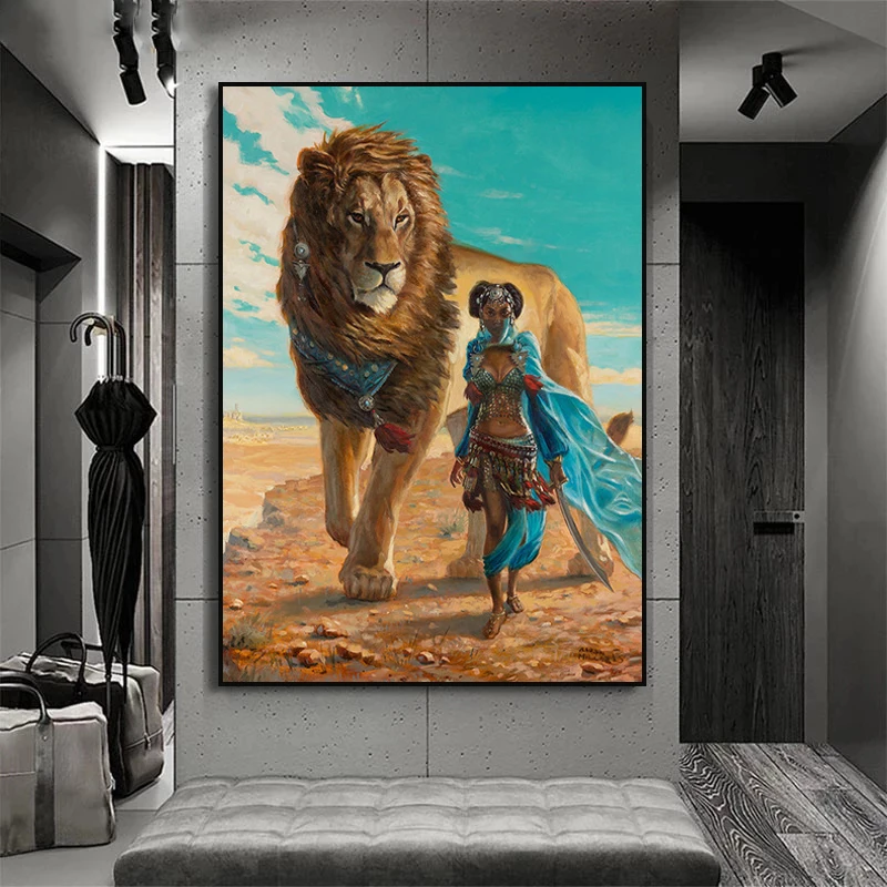 

Africa Sexy Woman with Lion Animal Poster Canvas Painting Wall Art Picture Gift for Room Design Modern Home Decor Frameless