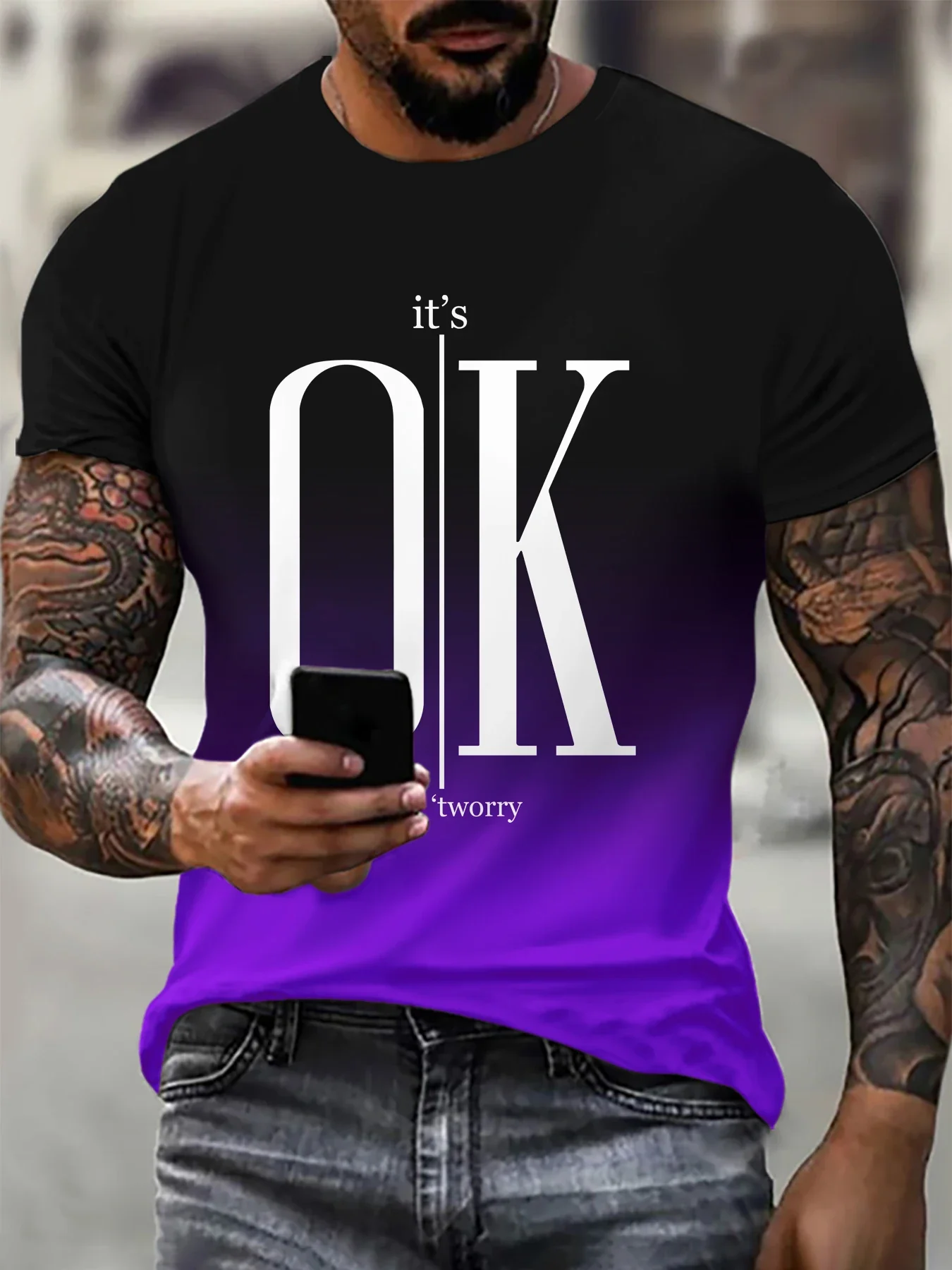 Мужская объемная футболка с градиентным переходом цвета Модная и удобная