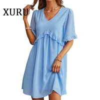 xuru summer new chiffon dress european and american womens v neck loose and slim dress