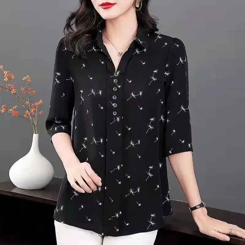 Women Clothing Dandelion Printed Simple Chiffon Shirt Ladie 3/4 Sleeve Chic Fashion Casual Top Summer Elegant Female Clothes