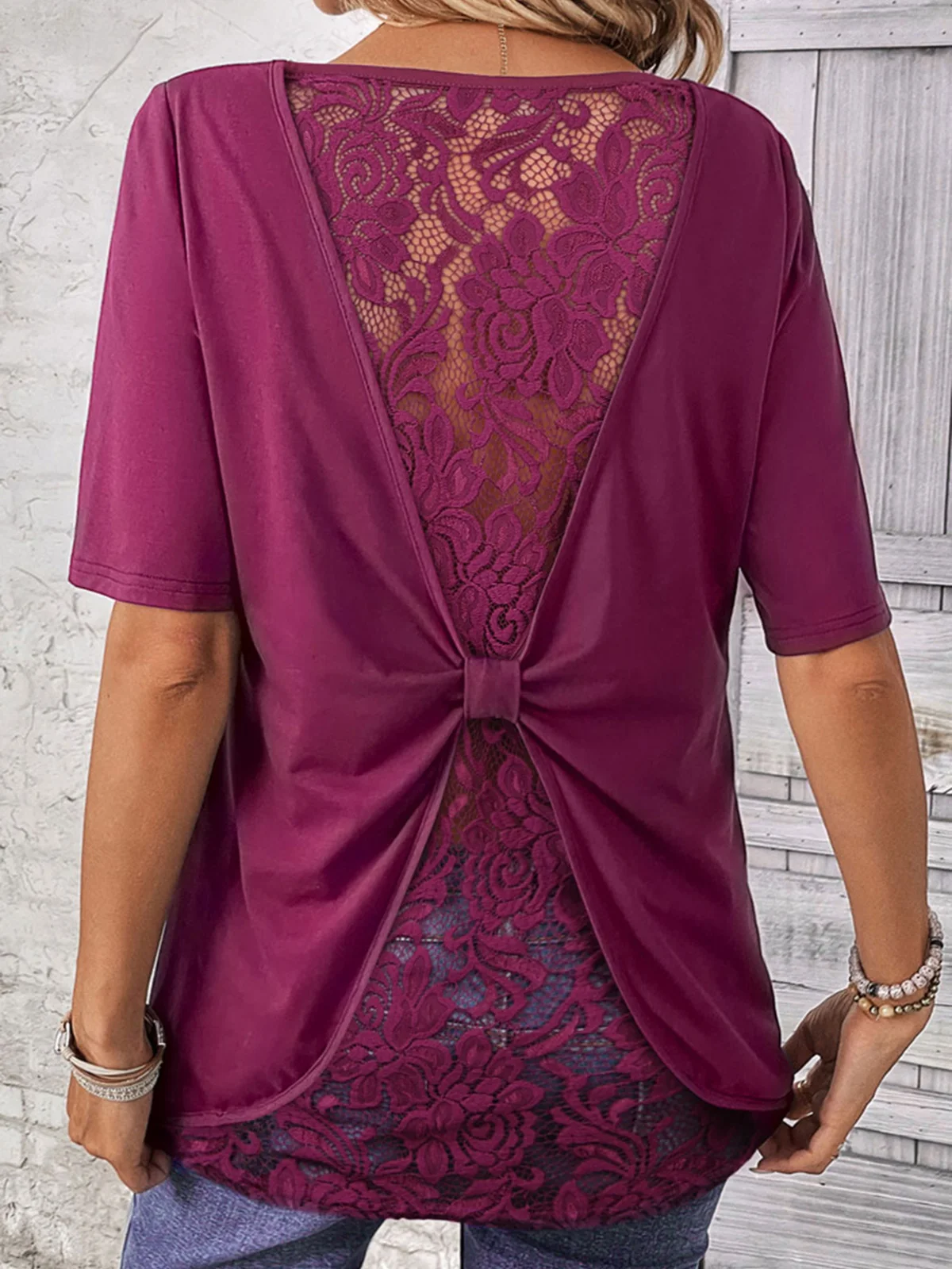 

Lace Splicing Back Knot Short Sleeve Blouse Autumn 2023 New O-Neck T-Shirt Women's Fashion Casual Loose Vintage Blouse Tops