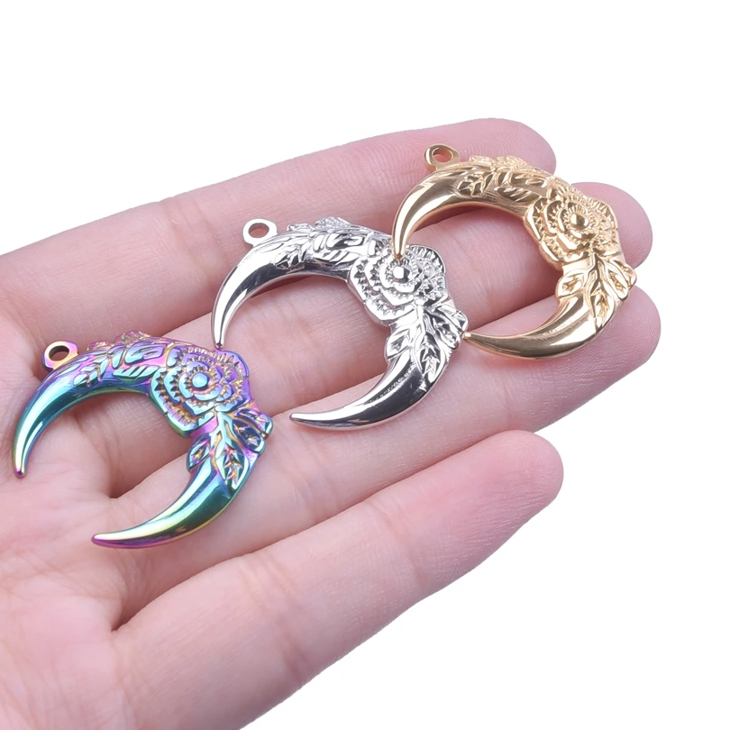 3Pcs/Lot Stainless Steel Gothic Rose Flower Crescent Moon Charms  кулон Diy Pendant Necklaces Jewelry Making Accessories Bulk