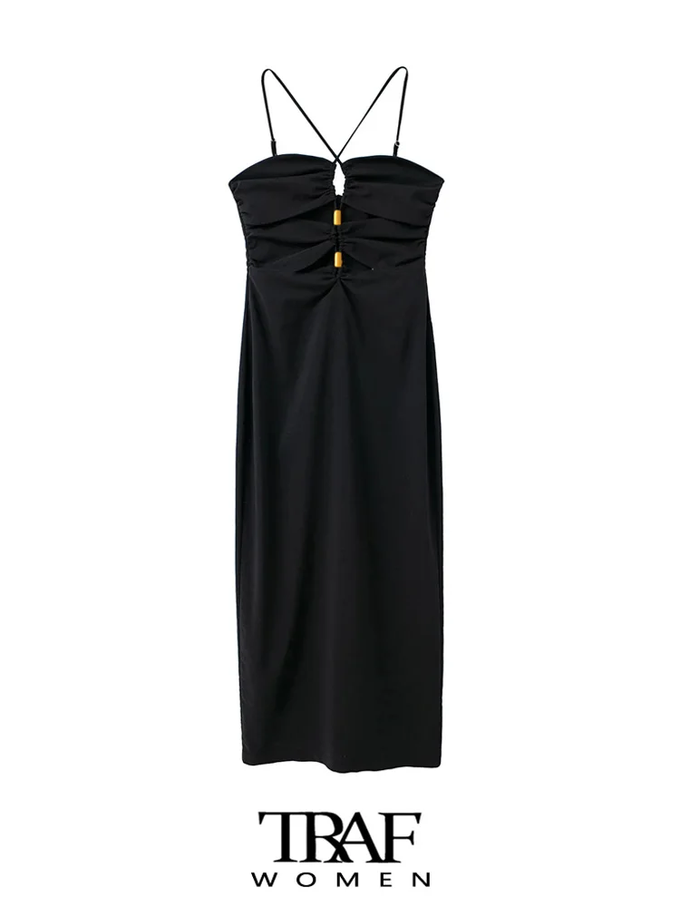 

TRAF Women Fashion Front Vents Hollow Out Midi Dress Vintage Backless Zipper Thin Straps Female Dresses Vestidos Mujer