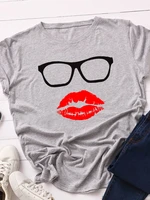 glasses red lip print women t shirt short sleeve o neck loose women tshirt ladies tee shirt tops clothes camisetas mujer