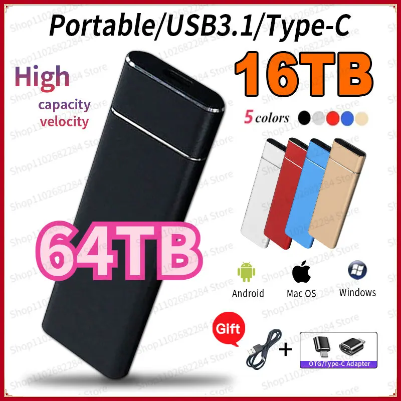 

High-speed External Hard Drive HD 64TB Portable SSD 500GB Type-C Storage Device USB3.1 Hard Disk for Laptop/Desktop/PC/Cellphone