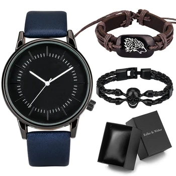 Leisure Minimalist Blue Men's Watch Set Box Leather Quartz Wristwatch for Male Black Skull Bracelet Birthday Gifts to Husband Other Image