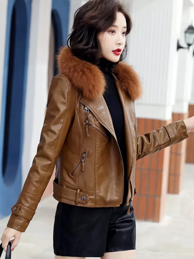 New Women Sheepskin Jacket Autumn Winter Fashion Fox Fur Collar Plus Velvet Lining Thick Warm Leather Biker Jacket Split Leather