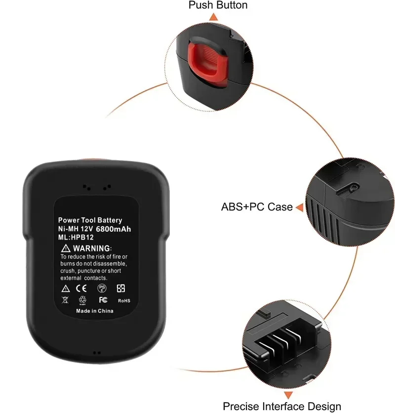 Фото 【Обновление до 6800 мАч】 Аккумулятор 12 В 6800 Ач для батареи Black & Decker HPB12 FSB12 FS120B FS120BX A12 A1712 №3
