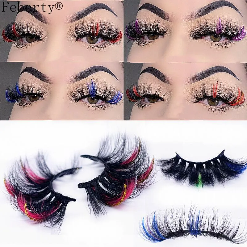 

25mm Colored False Lashes Glitter Mink Eyelashes Extension Supplies 5D Pink Blue Fluffy Cruelty Free Lash Wholesale Bulk Makeup