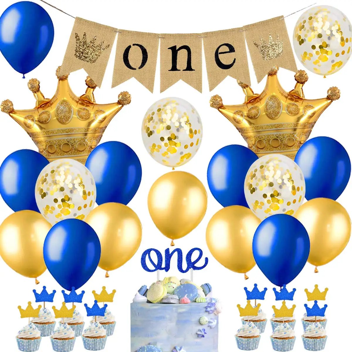 

Принц 1-й День рождения украшения Королевский синий первый день рождения шарики короны один высокий стул баннер торт Топпер темно-синий