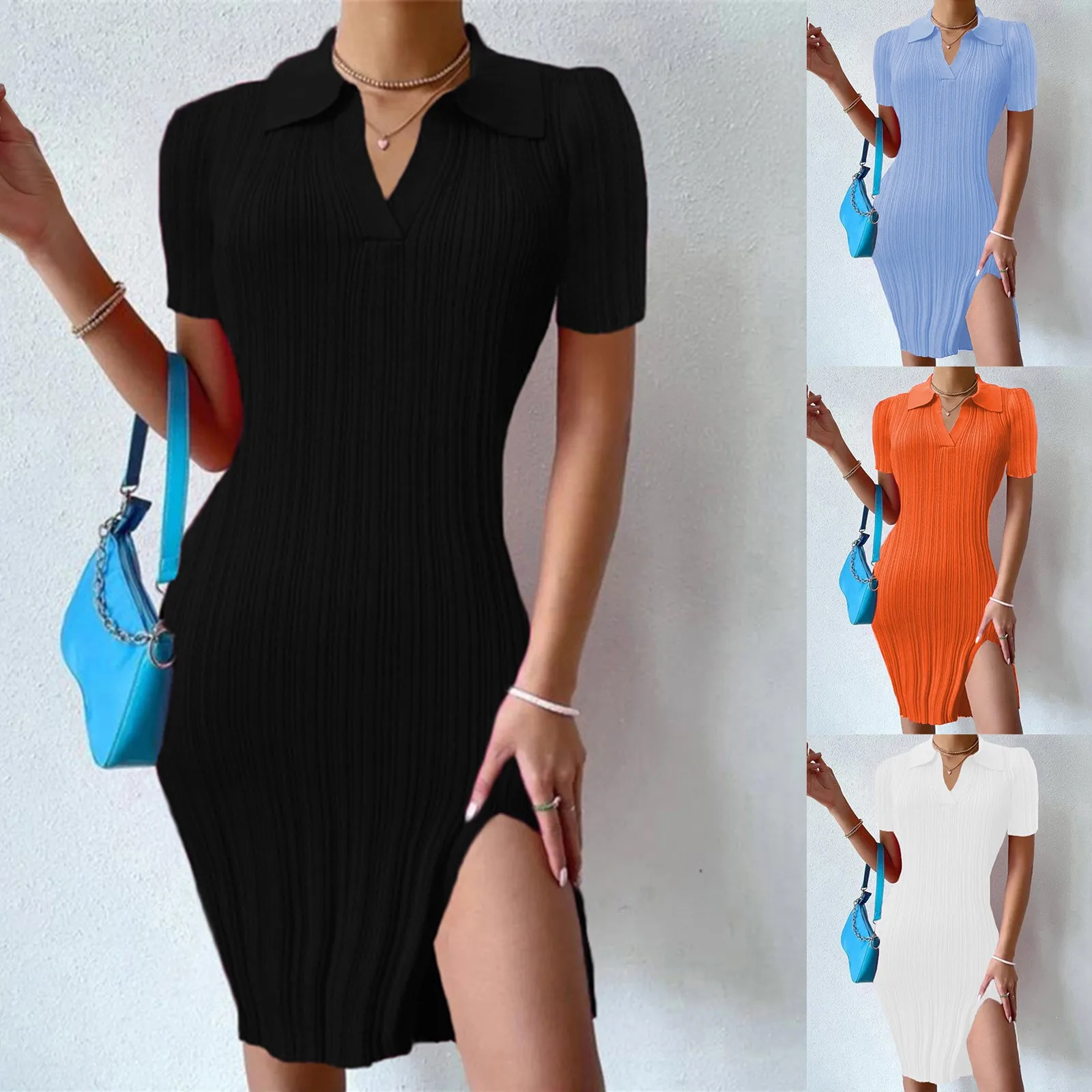 

Женское Короткое трикотажное платье-свитер с коротким рукавом и отложным воротником