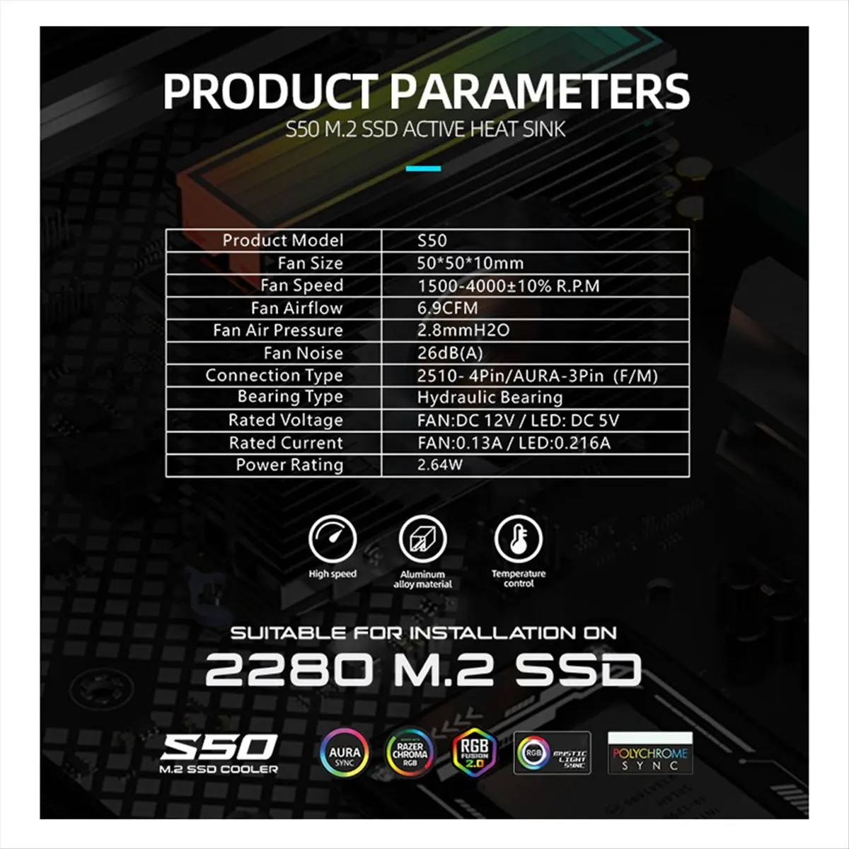 Фото Кулер для SSD Baohu S50 M.2 2280 с зеркальной поверхностью, ARGB-подсветкой и двумя вентиляторами PWM, серебристый №1