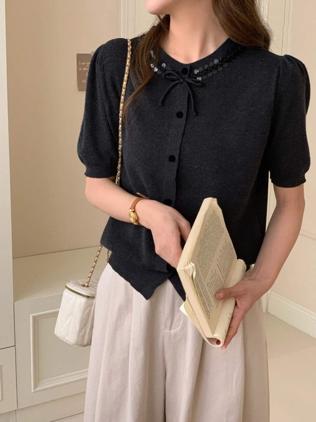 Женский флисовый вязаный кардиган с коротким рукавом и круглым вырезом