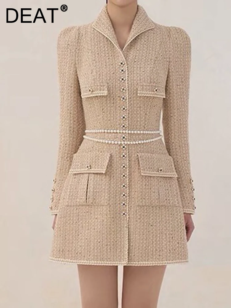 

[DEAT] Women Suit Dress Notched Collar Tweed Long Sleeve Single Breasted Pocket Fashion Female Dresses Summer 2023 New 13DB1612