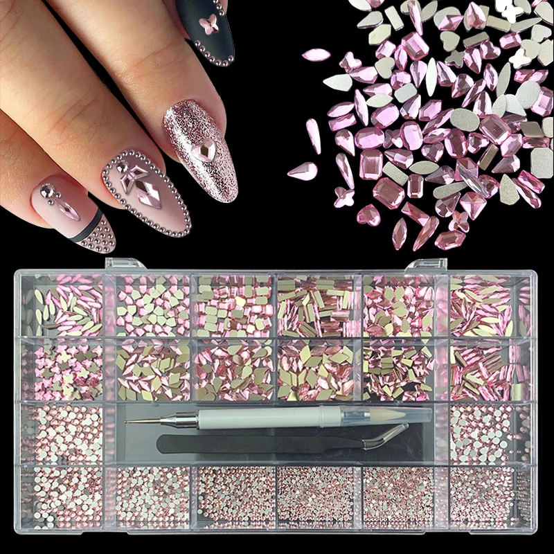 21 Grids Box Luxury Shiny Diamond Nail Art Rhinestones Set Crystal Glass Decorations Kit 1pcs Dotting Pick Up Pen and Tweezers